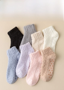 Detailed view of multi-color thick coral fleece socks with non-slip silicone soles for winter