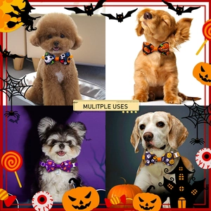 Halloween pet bow ties with pumpkin skull patterns and adjustable buckles for dogs