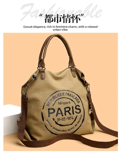 Detail of khaki canvas tote with retro Paris logo, leather handles and adjustable shoulder strap