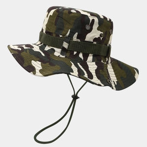 Detail of camouflaged tactical boonie hat with breathable mesh vents and chin strap