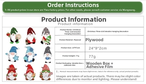 Detailed specs for 9pcs set of wooden Christmas gnome tree ornaments with box