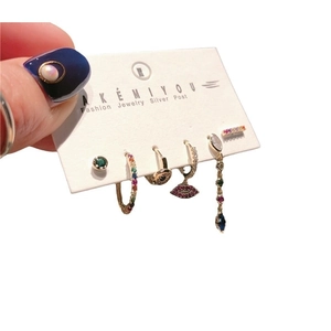 5-piece gold mismatched earring set with colorful zircon and red lip charm