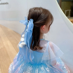 Blue organza bow hair clip with white pompom tassels for Frozen Elsa theme cosplay