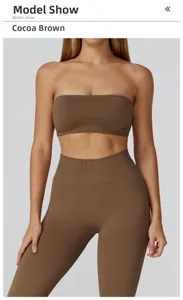 Detail of seamless cocoa brown yoga set featuring high waist leggings and crop top