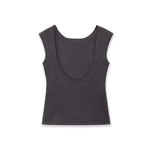 Detailed flat lay of dark gray knitted tank top showing texture and deep U-neckline