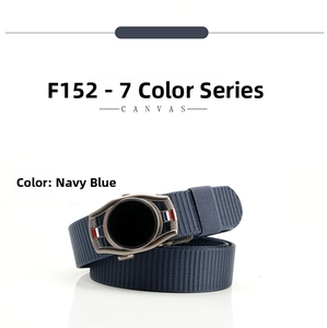 Detail of navy blue canvas belt with dark grey automatic buckle and three-color stripe