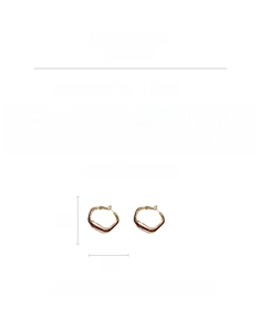 Detail view of 3cm geometric pentagon gold earrings with burgundy enamel and silver pins