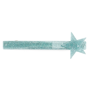 Detail of light blue glitter hair clip with geometric rectangle and star shape