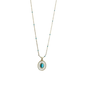 Collier vintage doré avec pendentif ovale en turquoise et incrustation de nacre