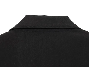 Macro view of black twill fabric blazer lapel and high-quality stitching details