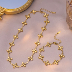 Vintage Stainless Steel Necklace And Bracelet For Women Retro Hollow Cross Pattern Gold Plated Byzantine Style Accessories