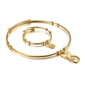 Golden infinity necklace and bracelet jewelry set with twisted rope design and beads