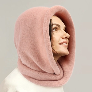 Pink knitted hood scarf combo for women showing a cozy balaclava style winter beanie cap