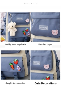 Detail view of canvas backpack featuring bear pendant and cute strawberry acrylic pins
