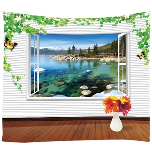 3D window view tapestry with snow mountain and lake landscape for room wall decoration