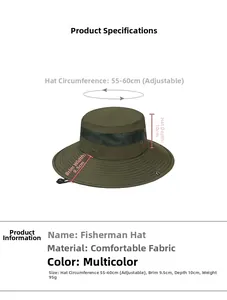 Detail view of army green sun hat with mesh vents and adjustable dimensions chart