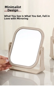 Detail of a desktop vanity mirror with a wheat straw frame and rotating stand
