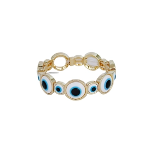 Retro gold Evil Eye charm bracelet with blue and white geometric enamel charms