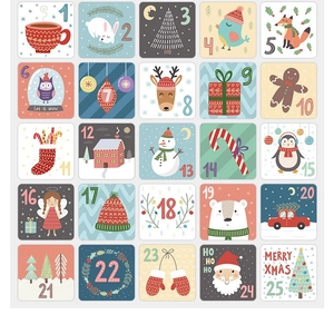 Christmas Advent Calendar Stickers Countdown Numbers Adhesive Square Paper Labels Gift Wrapping Envelope Seals Festive Pattern