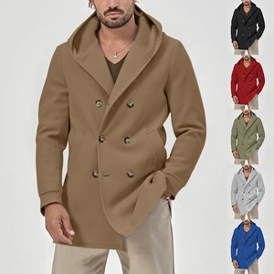 Detail of classic double-breasted trench coat with hood and side pockets in khaki cotton