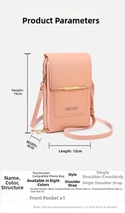 Detail view of pink touchscreen phone bag with card slots and zipper compartments