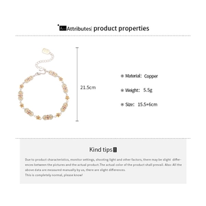Detailed size specifications of silver flower bracelet with copper material and 5.5g weight