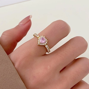 Sweet pink heart diamond ring in gold plating, fashion open band jewelry for women