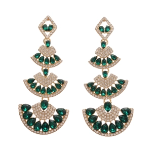 Emerald fan shaped geometric drop earrings with crystals in vintage palace style