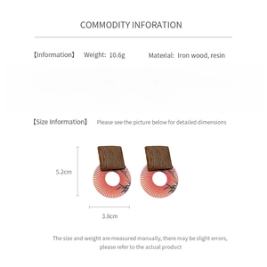 Size and weight specifications for retro iron wood and resin drop earrings with silver needle