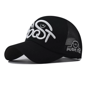 Black mesh trucker hat with 3D embroidery and push me lettering on white background