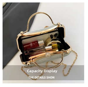 Internal view of a silver glitter evening bag showing capacity for phone and cosmetics