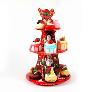 Three-tier red Christmas themed cardboard cupcake stand with Santa and reindeer illustrations