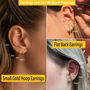 Detail view of 2mm to 10mm small gold hoop and flat back stud earring set on model