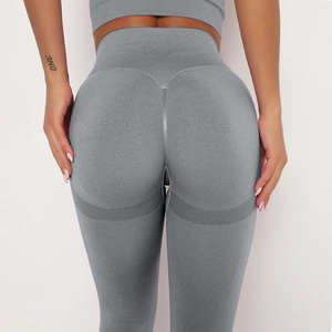 Close-up of grey high-waisted seamless yoga leggings showing scrunch butt lift detail