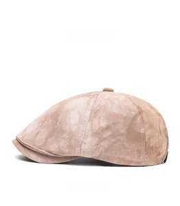 Side profile of vintage khaki stonewashed newsboy cap with structured brim
