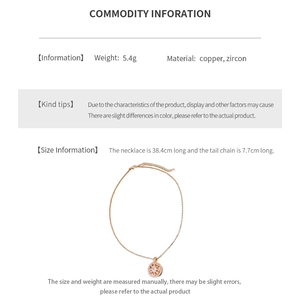 Detailed spec sheet for rose gold zircon necklace showing material copper and dimensions