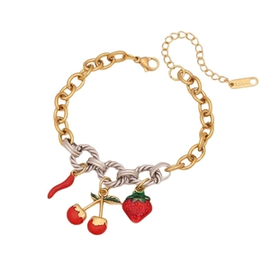 Stainless steel fruit charm bracelet with strawberry cherry and chili enamel pendants