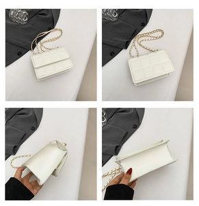 Multi-angle views of white quilted crossbody bag with gold chain strap and inner lining