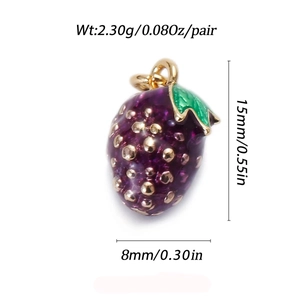 Detailed view of a purple strawberry charm with gold dots and dimensions for DIY jewelry