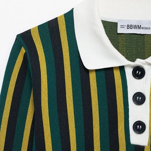 Vertical striped polo knit top with contrast collar and three buttons in green yellow black