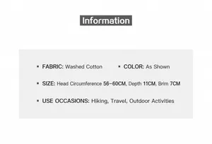 Size specifications for washed cotton baseball cap including adjustable brim and circumference