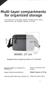 Nylon messenger bag dimensions 27x20x8cm showing capacity for a 9.7-inch iPad