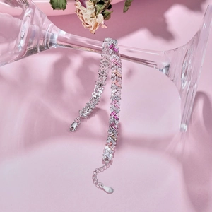 Detail view of S925 sterling silver tennis bracelet with colorful rectangular zircons