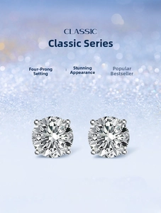 Detailed close-up of S925 sterling silver four-prong moissanite stud earrings