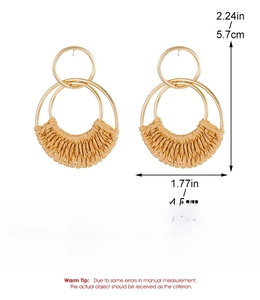Detail showing dimensions of geometric woven straw earrings with gold alloy frame