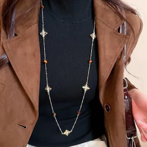Tiger eye cross necklace with diamond accents, elegant vintage layered sweater chain for women