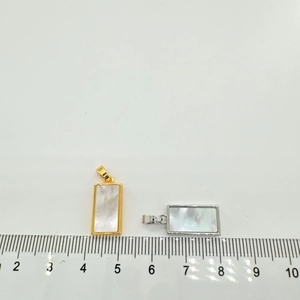 Rectangle 18K gold and silver shell lock pendants with scale showing 2cm size