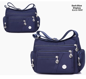 Close-up of waterproof Oxford fabric and multi-layered silver zippers on dark blue bag