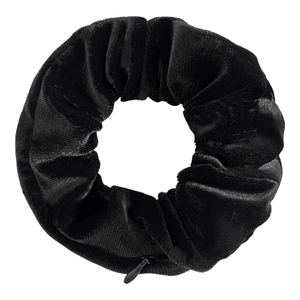 Detail view of black velvet tie-dye scrunchie with hidden zipper pocket on white background