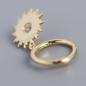 Golden S925 sterling silver hoop earring with sun pendant and round crystal gemstone